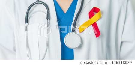 World hepatitis day awareness month, 28 July. Doctor holding Red and Yellow ribbon. Liver cancer, Jaundice, Cirrhosis, Failure, Enlarged, Hepatic Encephalopathy and Health concept World hepatitis day awareness month, 28 July. Doctor holding Red and Yellow ribbon. Liver cancer, Jaundice, Cirrhosis, Failure, Enlarged, Hepatic Encephalopathy and Health concept 116318089