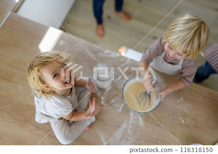 Little cute girl sitting on kitchen countertop, tasting pancake batter with finger. Young nuclear family spending weekend day indoors, cooking together. Little cute girl sitting on kitchen countertop, tasting pancake batter with finger. Young nuclear family spending weekend day indoors, cooking together. 116318150