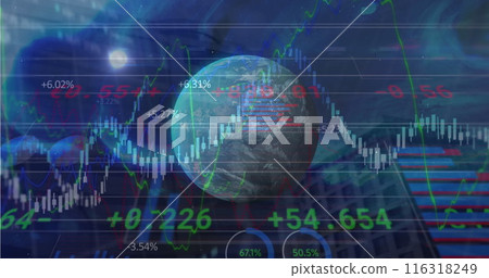 Image of statistical and stock market data processing over spinning globe against tall buildings Image of statistical and stock market data processing over spinning globe against tall buildings 116318249