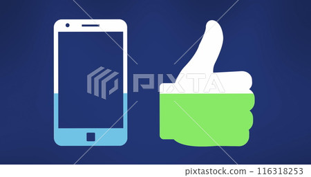 Image of smartphone and like icon filling up against copy space on blue background 116318253