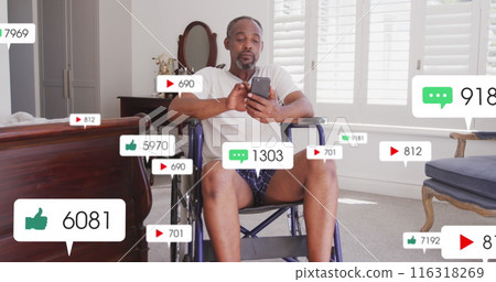 Image of social media icons against african american disabled man using smartphone at home Image of social media icons against african american disabled man using smartphone at home 116318269