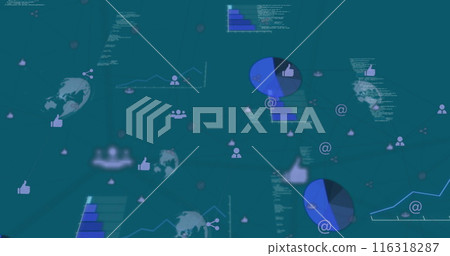 Image of network of digital icons over data processing Image of network of digital icons over data processing 116318287