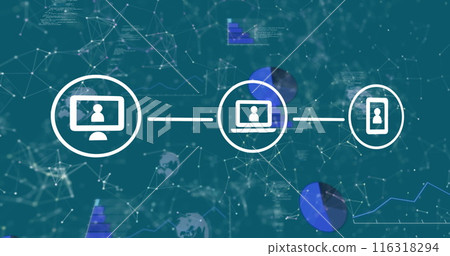 Image of network of digital icons and network of connections against blue background 116318294
