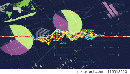 Image of statistical data processing over grid network against blue background 116318310