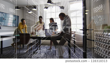 Image of changing numbers, loading bars and circles over diverse coworkers discussing reports 116318313