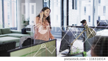 Image of icons, graphs, map, computer language, caucasian female talking on imagecall in office Image of icons, graphs, map, computer language, caucasian female talking on imagecall in office 116318314