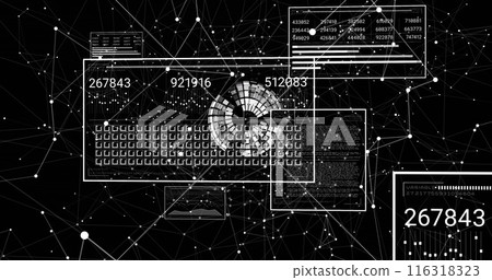 Image of network of connections and data processing over globe on black background 116318323