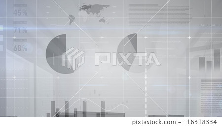 Image of statistical data processing over grid network against grey background 116318334