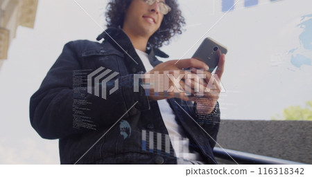 Image of financial data processing over biracial man using smartphone Image of financial data processing over biracial man using smartphone 116318342
