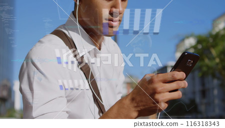 Image of financial data processing over biracial man using smartphone Image of financial data processing over biracial man using smartphone 116318343