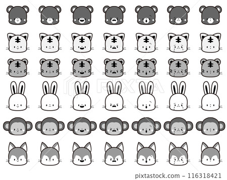 Various animal facial expression illustration set, monochrome 116318421