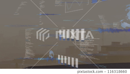 Image of data processing and globe over cityscape 116318660
