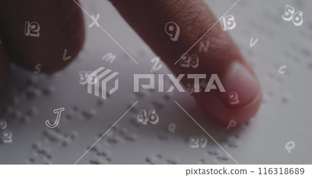 Image of numbers over caucasian schoolgirl reading braille 116318689