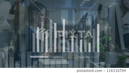 Image of statistical data processing over biracial woman using computer at office 116318704
