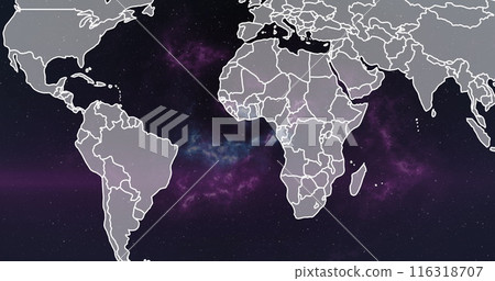 Image of glowing purple light over world map 116318707
