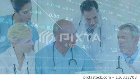 Image of stock market data processing over team of doctors discussing together at hospital 116318708