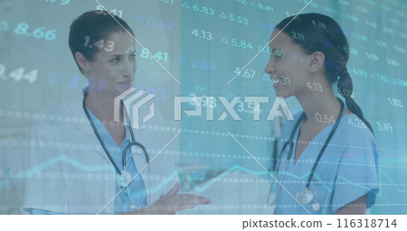 Image of stock market data processing over diverse female doctor and healthworker discussing Image of stock market data processing over diverse female doctor and healthworker discussing 116318714