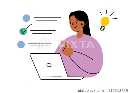 Vector illustration of a girl student taking a test on a laptop. Flat cartoon style. Online education and study, back to school. Digital exam setting in a school or university. Remote learning 116318739