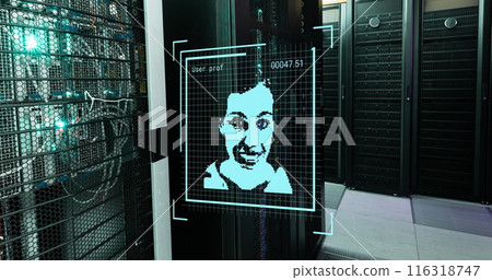 Image of digital images against illuminated server racks in server room 116318747