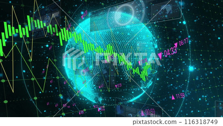 Image of round scanners and data processing over spinning globe and blue glowing spots 116318749
