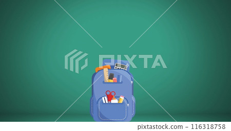 Image of multiple school concept icons falling inside a school bag icon against green background Image of multiple school concept icons falling inside a school bag icon against green background 116318758