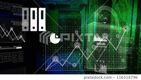 Image of security padlock icon and data processing against computer server room Image of security padlock icon and data processing against computer server room 116318796