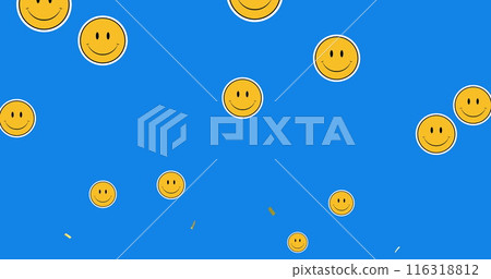 Image of gold confetti falling with smiley emoji icons on blue background 116318812