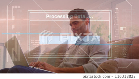 Image of loading text in bar, computer language, biracial man using laptop at home 116318822