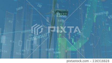 Image of graphs and changing numbers over windmills against clear sky 116318828