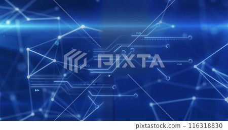 Image of circuit board pattern over connected dots against abstract background 116318830