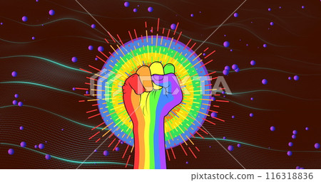 Image of lines and circles around lgbtqi hand doing fist over dynamic wave pattern in background 116318836