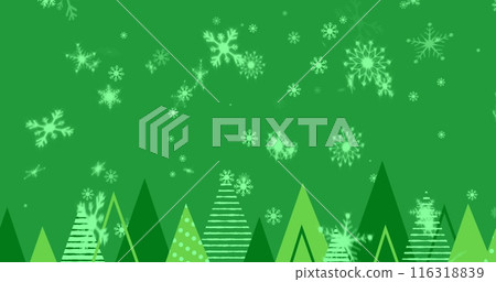 Image of christmas trees and snow falling on green background 116318839
