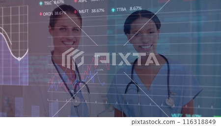 Image of data processing over diverse female doctors talking 116318849