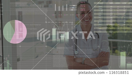 Image of data processing over happy caucasian female doctor Image of data processing over happy caucasian female doctor 116318851