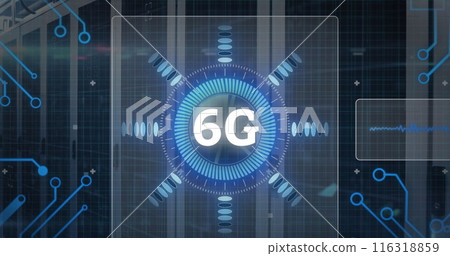 Image of 6g text banner and microprocessor connections against computer server room Image of 6g text banner and microprocessor connections against computer server room 116318859