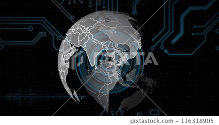 Image of spinning globe over round scanner, microprocessor connections and data processing Image of spinning globe over round scanner, microprocessor connections and data processing 116318905