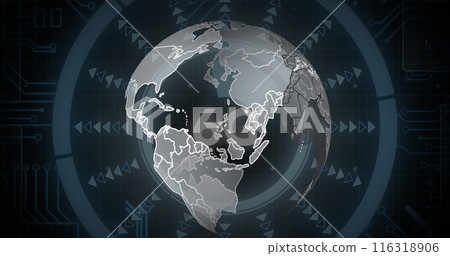 Image of spinning globe over 6g text on round scanners and microprocessor connections 116318906