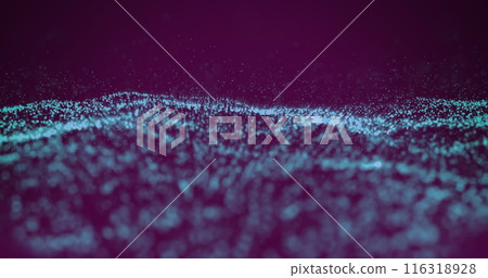 Image of glowing blue undulating network of particles on black background 116318928