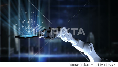 Image of symbols floating over robotic arm holding a smartphone against office window Image of symbols floating over robotic arm holding a smartphone against office window 116318957
