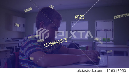Image of multiple changing numbers against caucasian boy using laptop in class at school Image of multiple changing numbers against caucasian boy using laptop in class at school 116318960