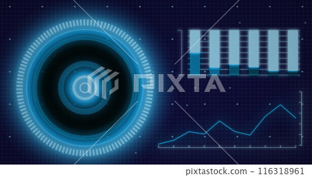 Image of interface with neon round scanner and statistical data processing on blue background Image of interface with neon round scanner and statistical data processing on blue background 116318961