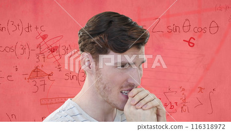 Image of stressed caucasian male student over maths equations and geometry on pink paper Image of stressed caucasian male student over maths equations and geometry on pink paper 116318972