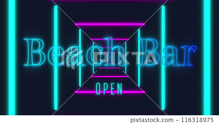 Image of beach bar open text over neon lines on black background 116318975