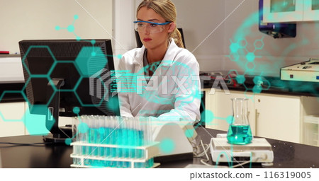 Image of codes, brain, molecule structure over caucasian scientist using computer Image of codes, brain, molecule structure over caucasian scientist using computer 116319005