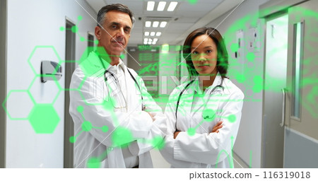Image of codes, brain, molecules over diverse doctors with arms crossed standing in hospital Image of codes, brain, molecules over diverse doctors with arms crossed standing in hospital 116319018