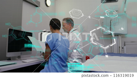 Image of codes, molecule structure over caucasian doctors discussing medical reports in hospital 116319019