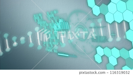 Image of dna helix, loading circles, bar, graph and hexagon pattern over abstract background 116319032