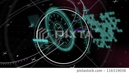 Image of lines, graphs and loading circles over hexagon pattern against black background 116319036