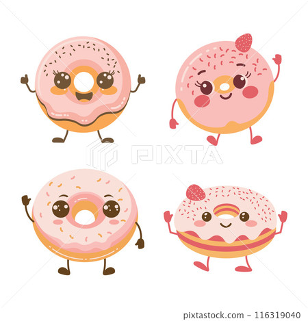 Cute Pink Strawberry Donuts Cartoon Character with Happy Expression 116319040