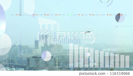Image of multiple graphs and trading board over modern cityscape against sky 116319066